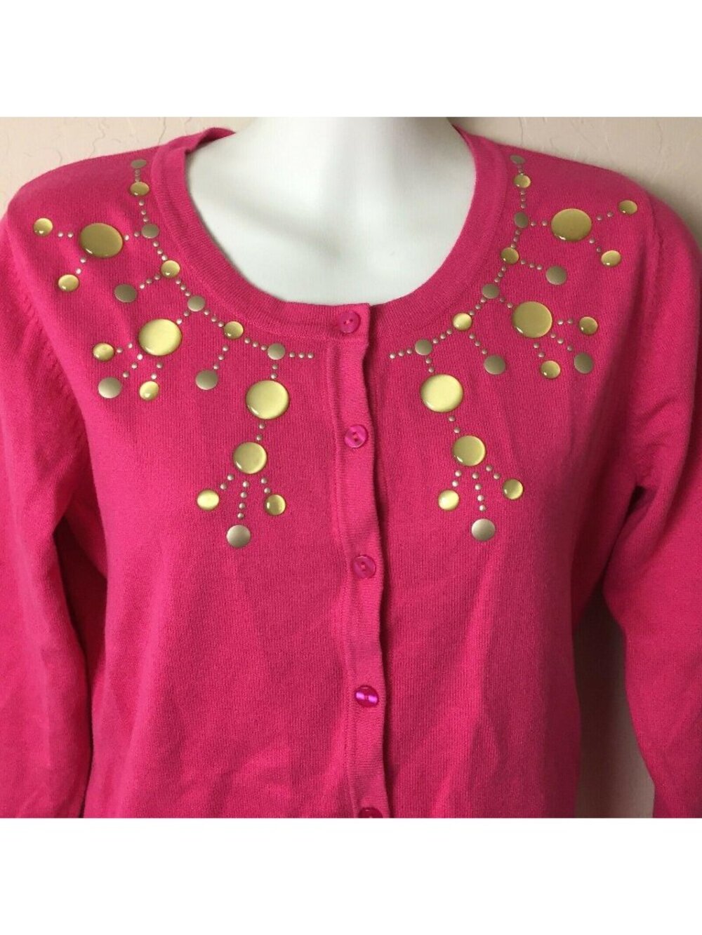 Top Knits Womens Pink Cardigan Sweater Gold Accents Dressy Fancy Size Medium